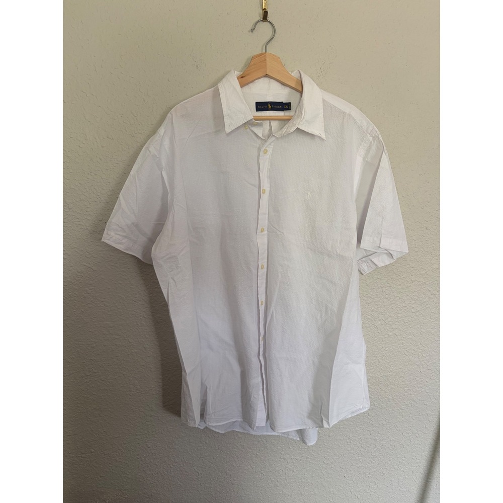 Ralph Lauren Mens XXL White Seersucker Short Sleeve Button Down Shirt Pony Logo